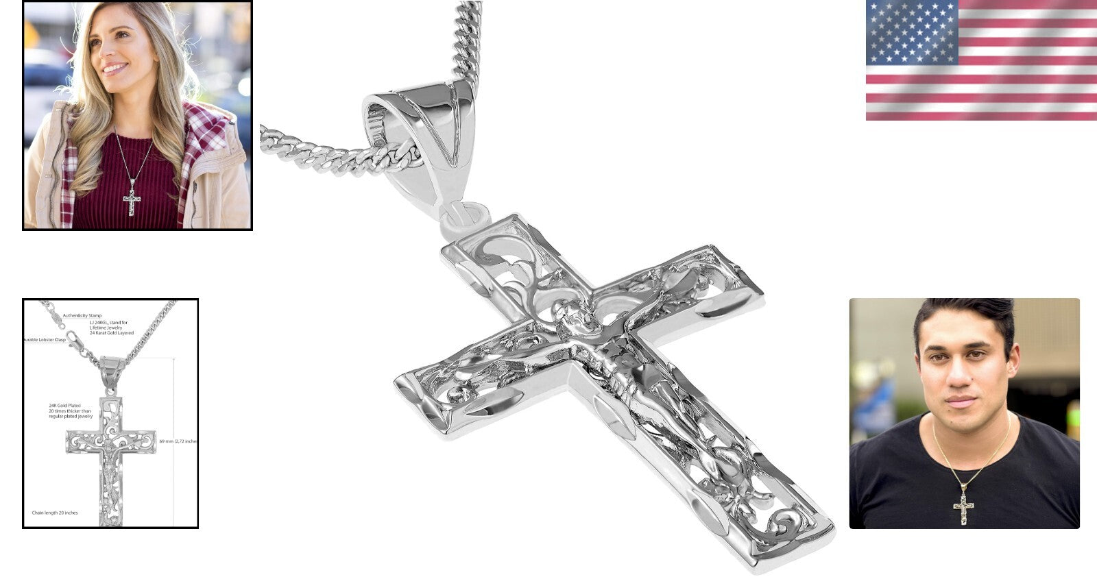 Elegant 24k Gold Crucifix Necklace with Lifetime Replacement Guarantee