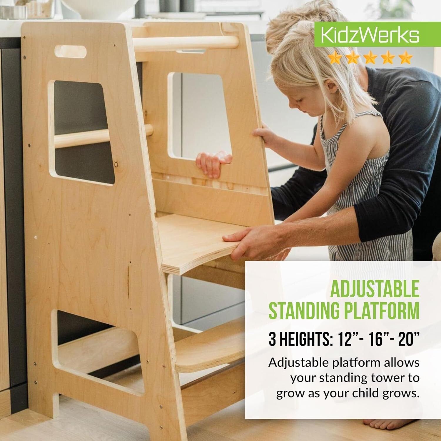 Adjustable Toddler Kitchen Step Stool - Child Standing Tower in Natural Wood