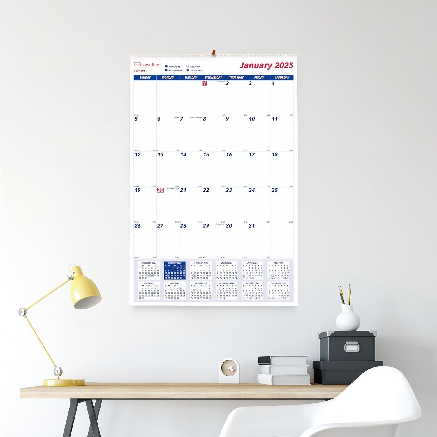Elegant 2025 Wall Calendar - Monthly Layout with Eyelet Hanger & Reference Dates