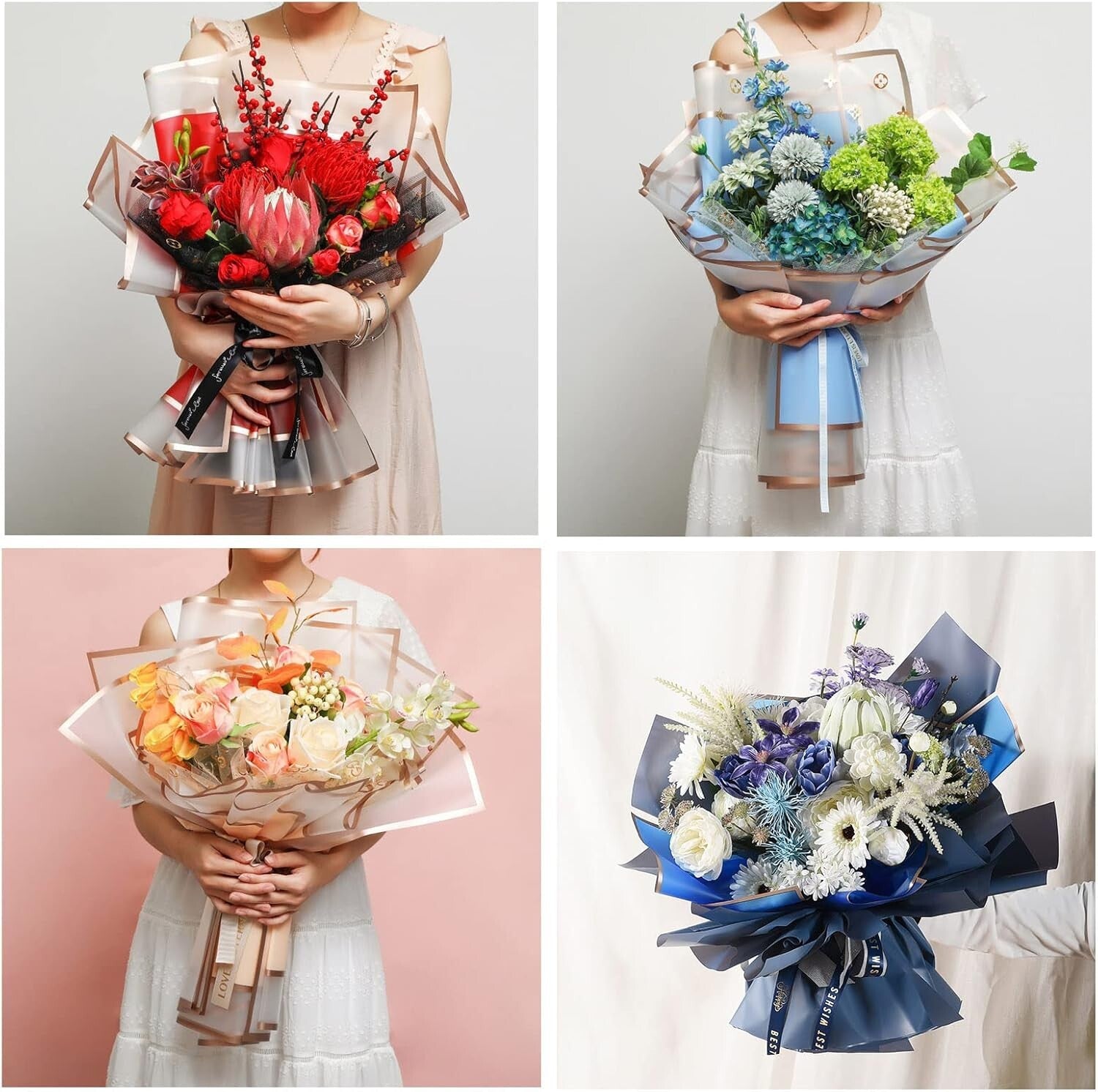 Elegant Flower Bouquet Wrapping Paper with Ribbons - 22.8x22.8 inches, 16 Colors