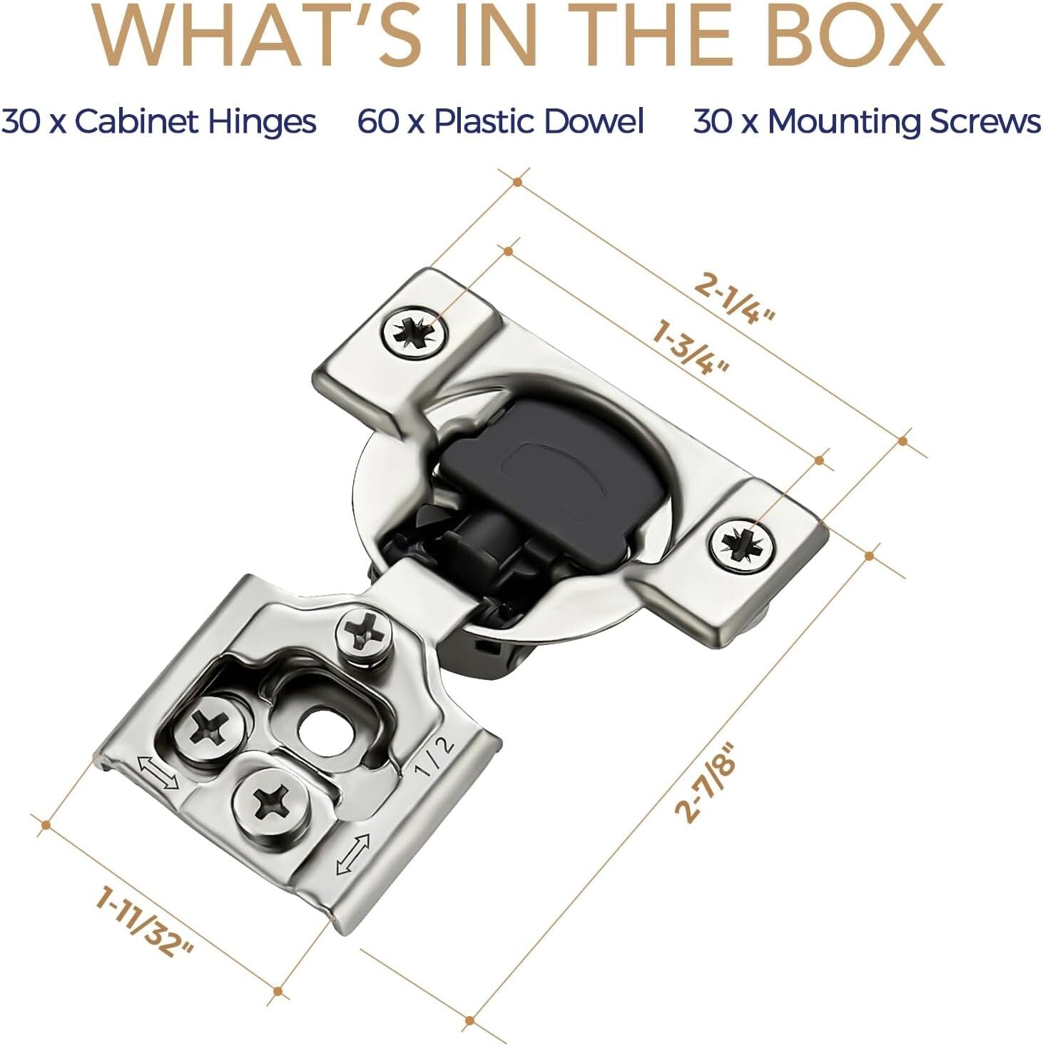 30 Pack Premium Soft Close Hinges in Satin Nickel - 1/2 Inch Overlay Design
