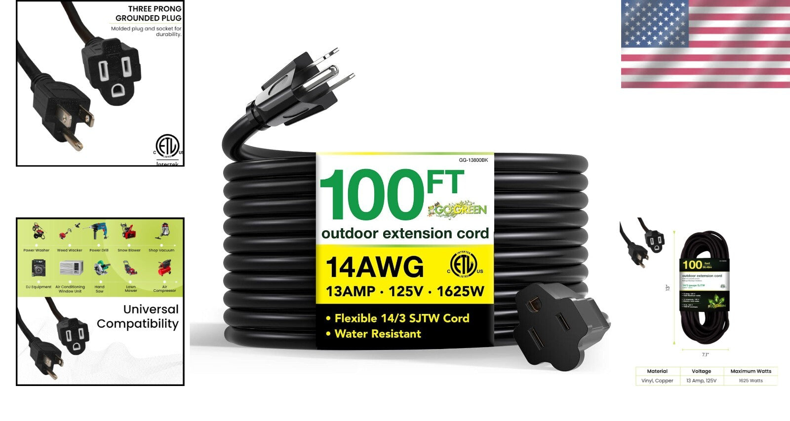 Moisture Resistant 100ft Black Extension Cord - 13A, 125V for Outdoor Tools