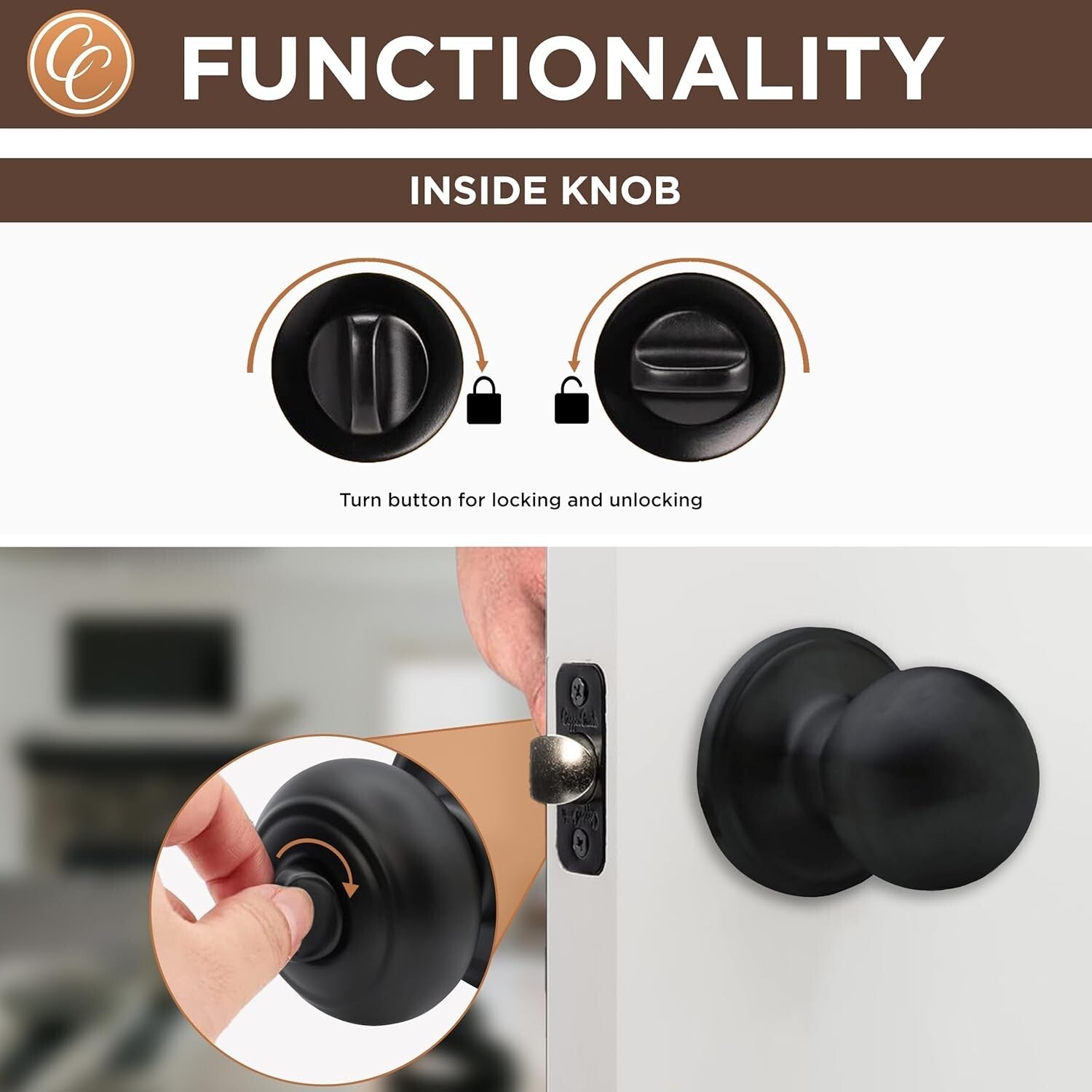 6-Pack Matte Black Round Door Knobs with Privacy Lock - Ideal for Bedroom & Bath