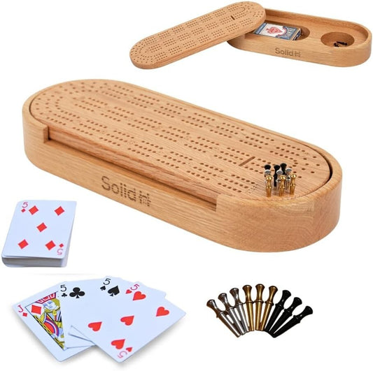Luxury Oak Wood Cribbage Board Set - Complete with Cards, Pegs & Instructions