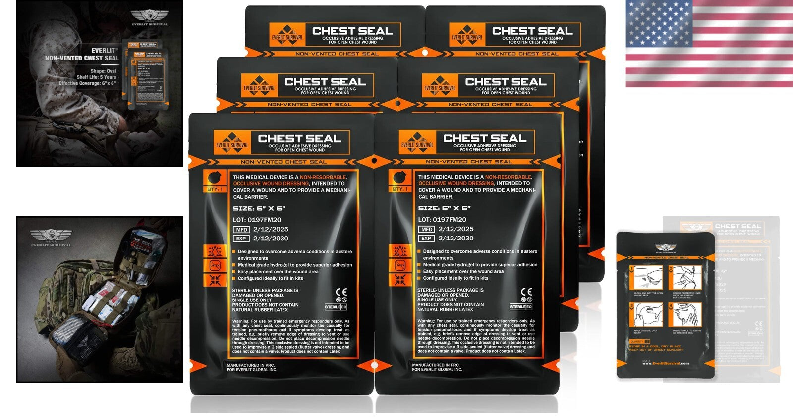 Sterile Non-Vented Chest Seal Adhesive Dressings - 6 Pack for Emergency Care