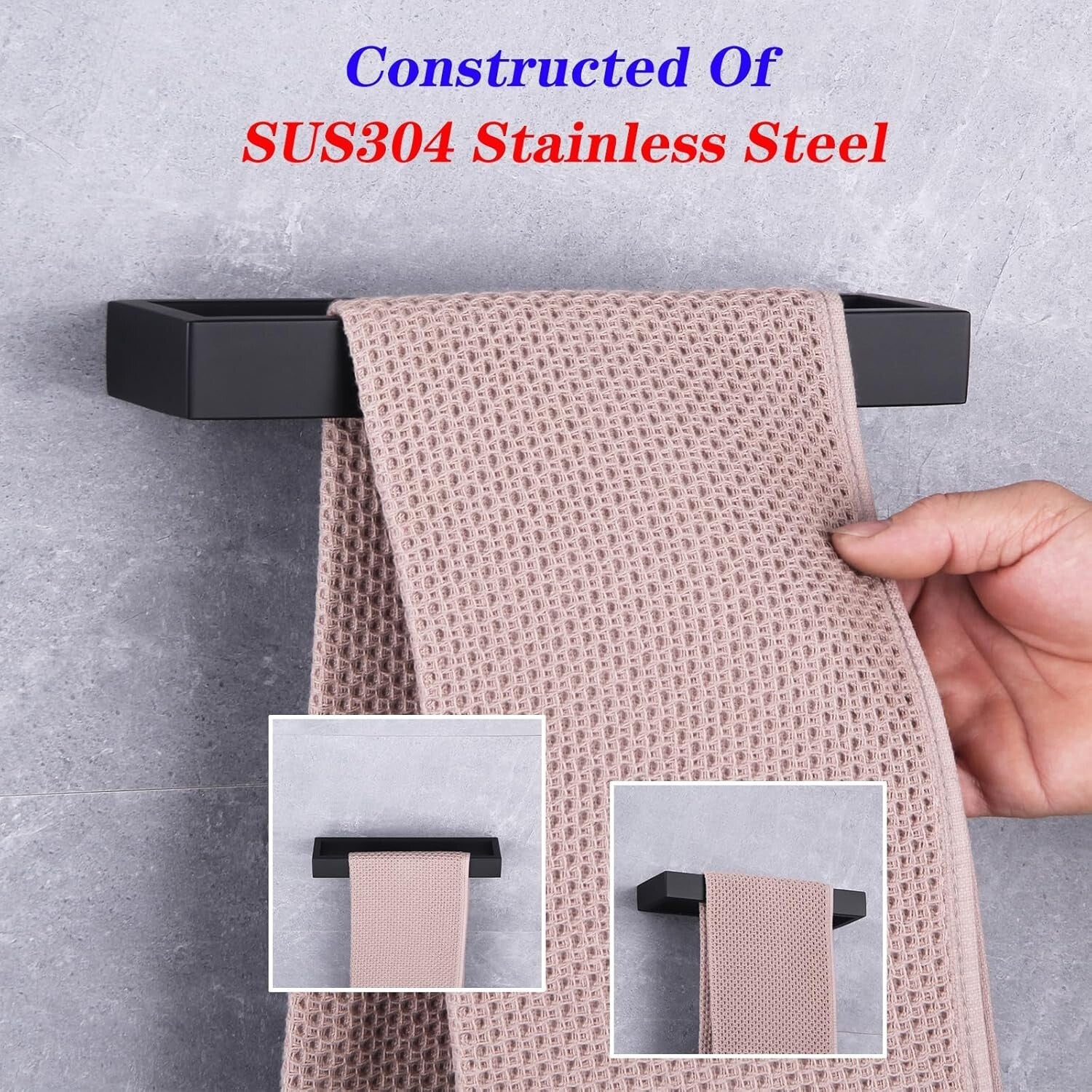 Contemporary Stainless Steel Bathroom Set with Matte Black Towel Ring & Holder