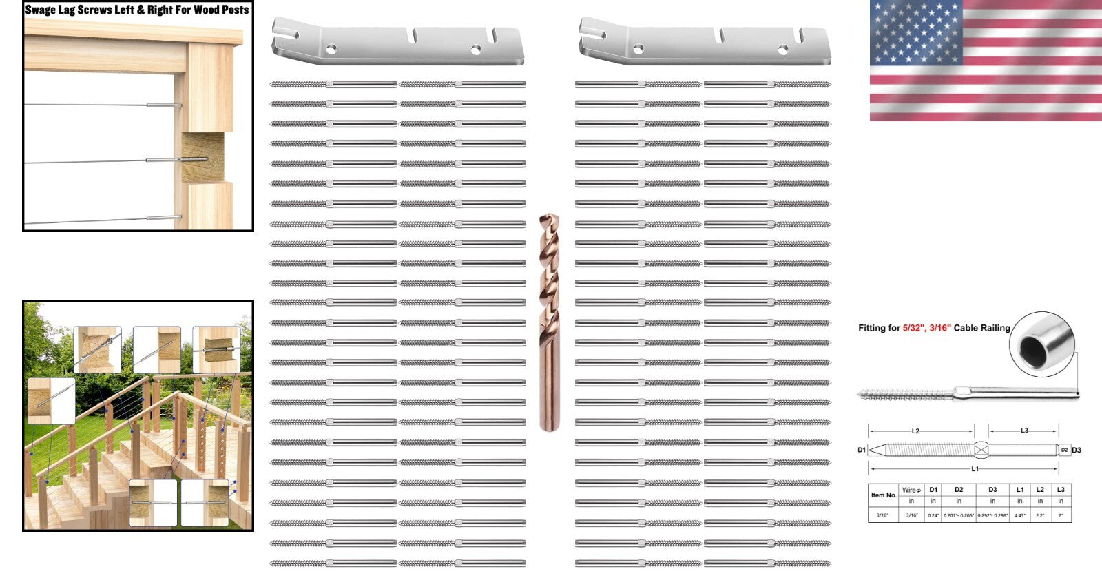 Durable 3/16” Swage Lag Screws & Tools - Railing Hardware for Decks & Stairs