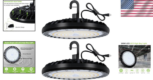 200W LED High Bay Light Fixture - 2 Pack 5000K Waterproof for Garage & Warehouse