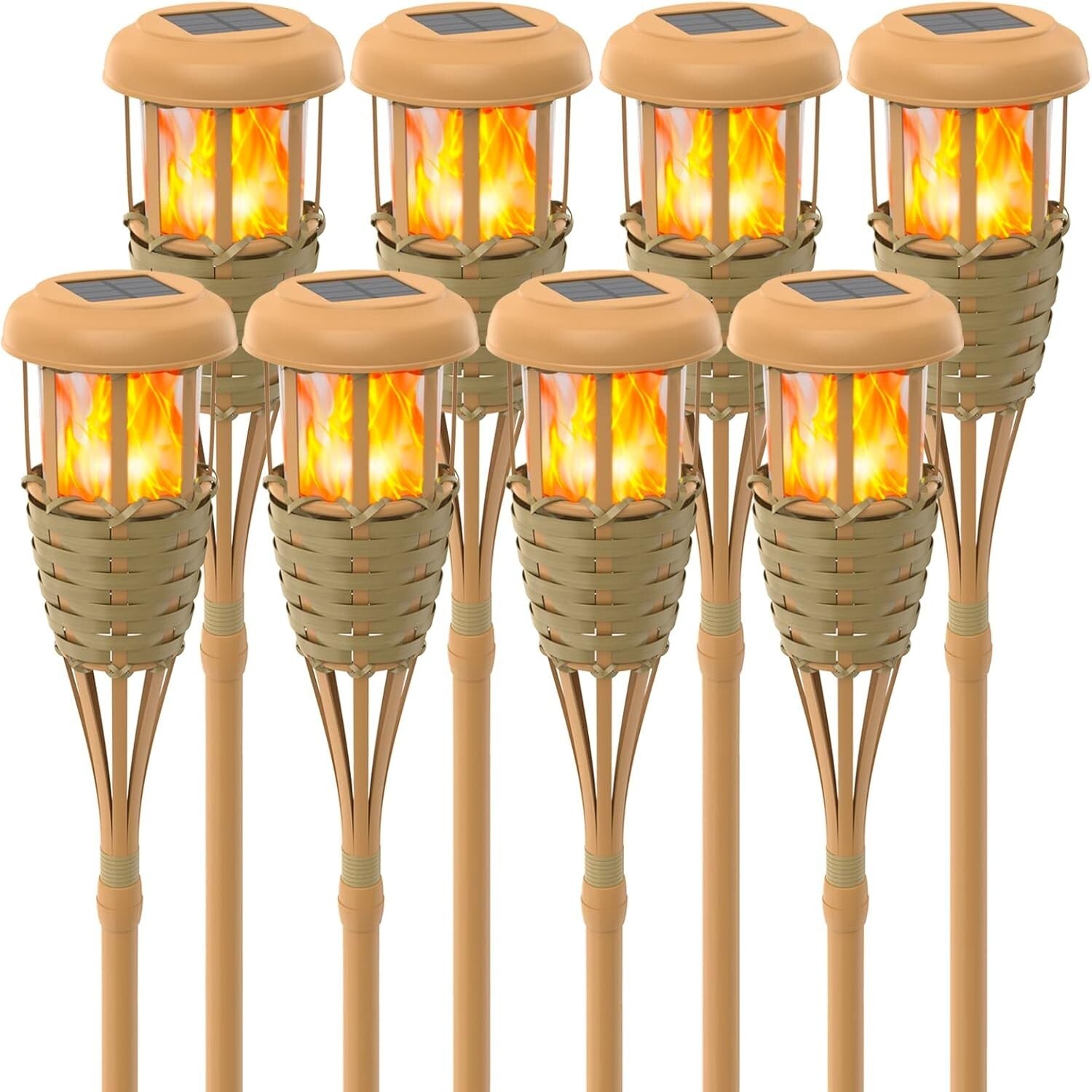 Classic Yellow Solar Torch Lights - 8 Pack with Adjustable Height & Flame Effect