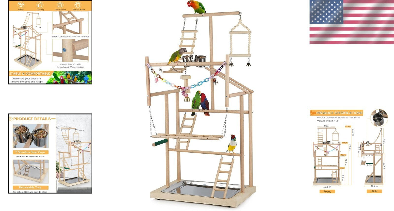 Handcrafted Parrot Play Gym with Perches, Toys & Bells—Ideal for Bird Training
