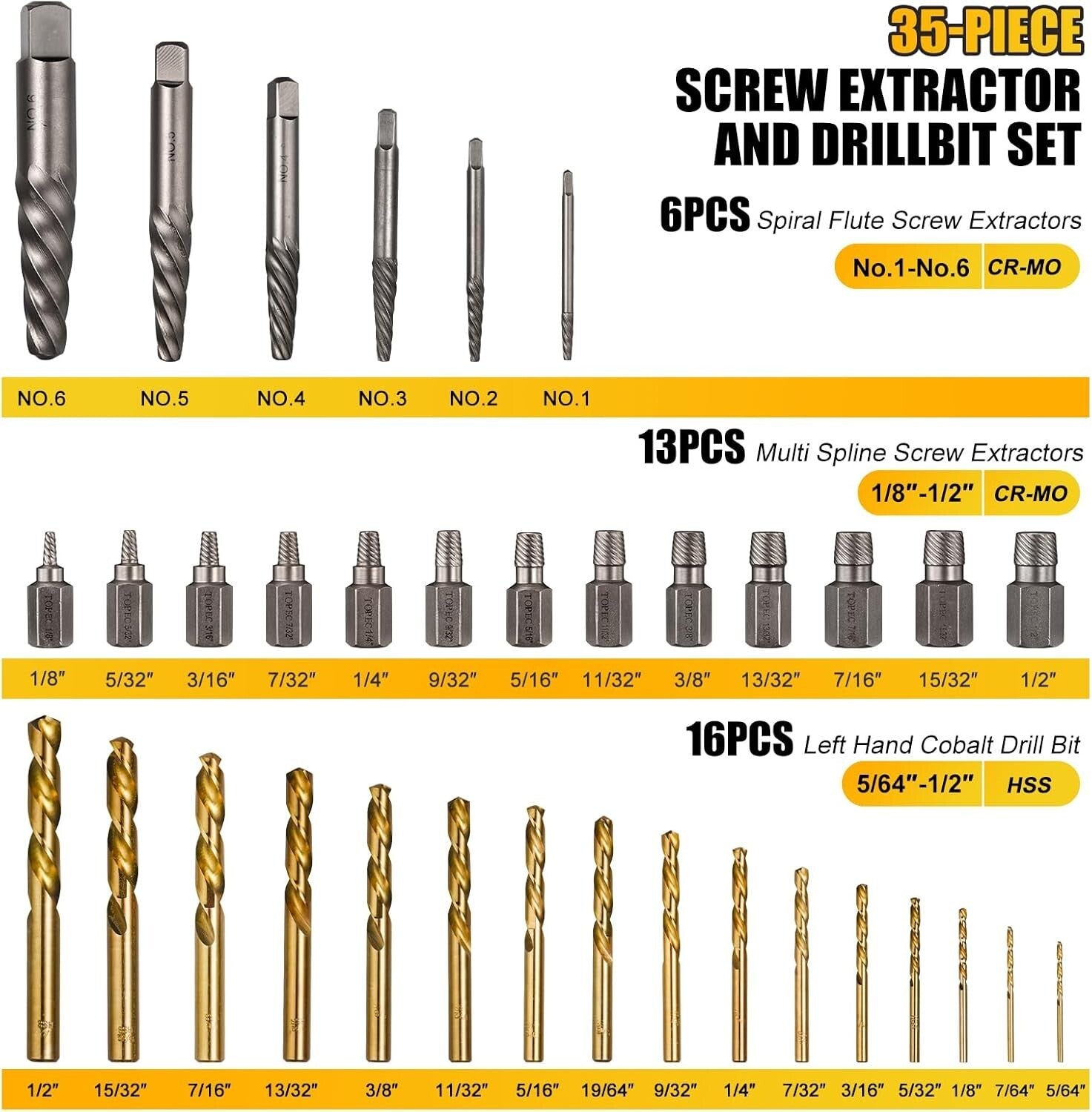 Durable 35-Piece Set - Easy Out Screw Extractors and Left Hand Drilling Solution