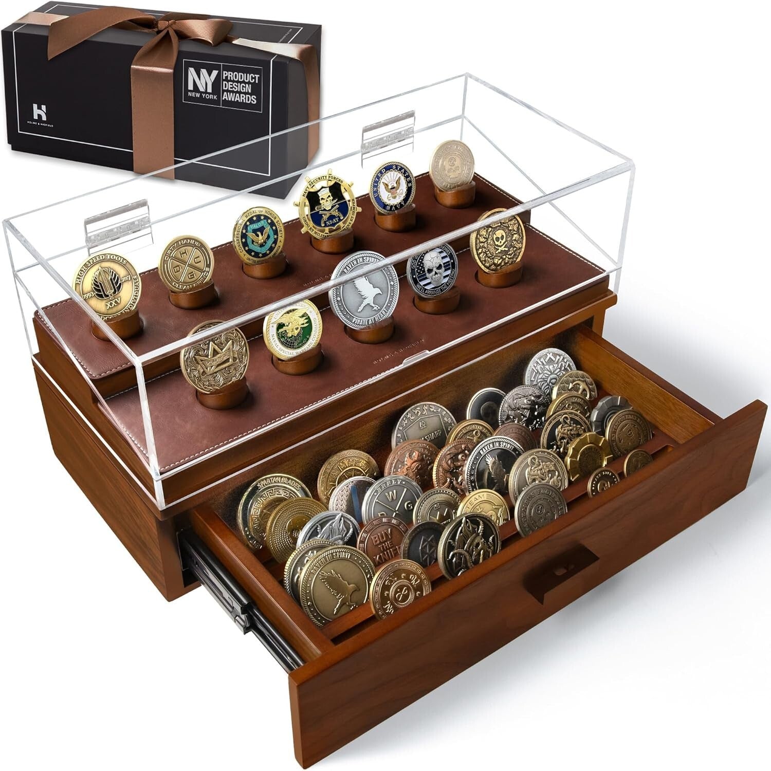 Premium Walnut Coin Display Case for Collectors - Holds 50 Coins with Drawer
