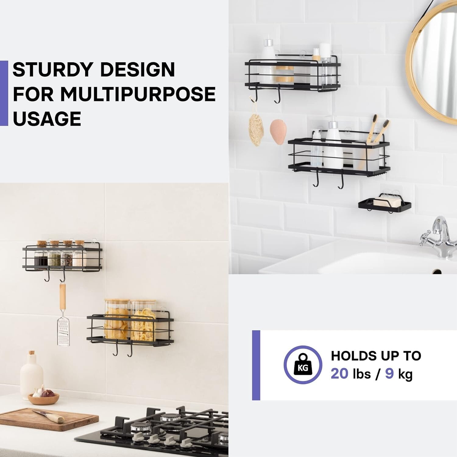 Durable No Drill Adhesive Shower Organizer with Soap Holder - 15lbs Capacity