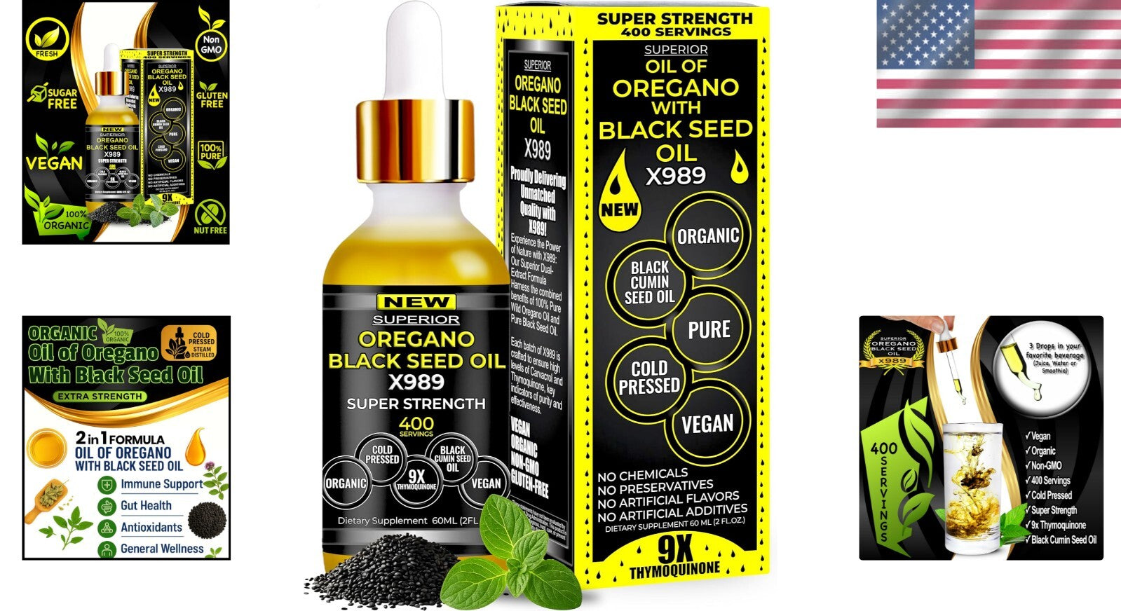 2-in-1 Organic Oregano & Black Seed Oil Drops - 400 Servings, Fast Absorption