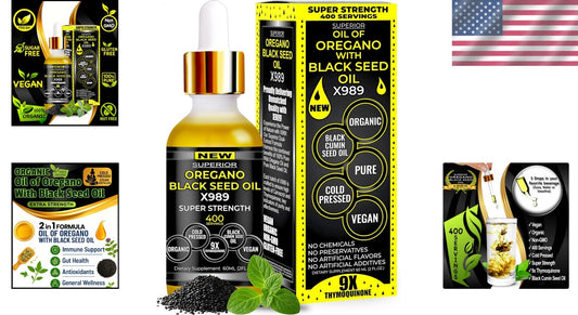 2-in-1 Organic Oregano & Black Seed Oil Drops - 400 Servings, Fast Absorption