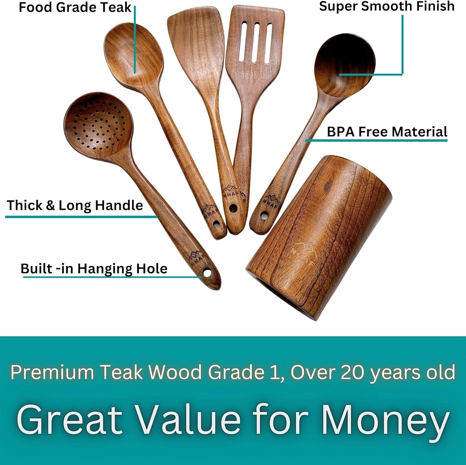 Ergonomic Teak Cooking Utensils Set - Durable Kitchen Essentials with Gift Bag