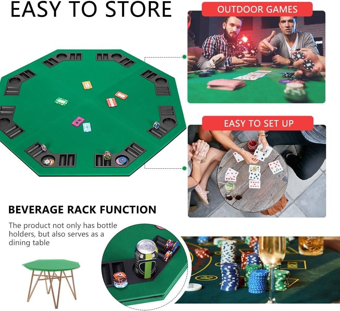 Durable 48-Inch Poker Table - Anti-Slip Mat for 8 Players with Drink Holders
