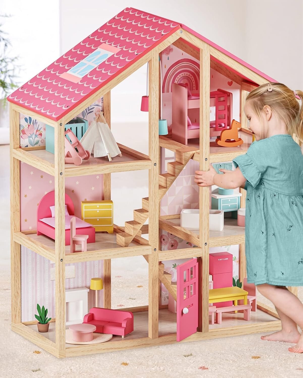 Durable 3-Story Wooden Dollhouse with Modern Furniture for Imaginative Girls