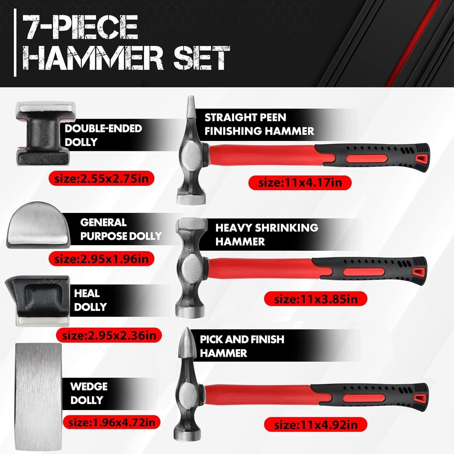 Complete Hammer and Dolly Set for Precision Car Body Repairs - 7 Pieces