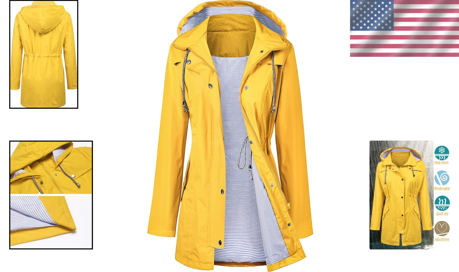 Elegant Women's Hooded Waterproof Raincoat - Lightweight Travel Jacket S-XXL