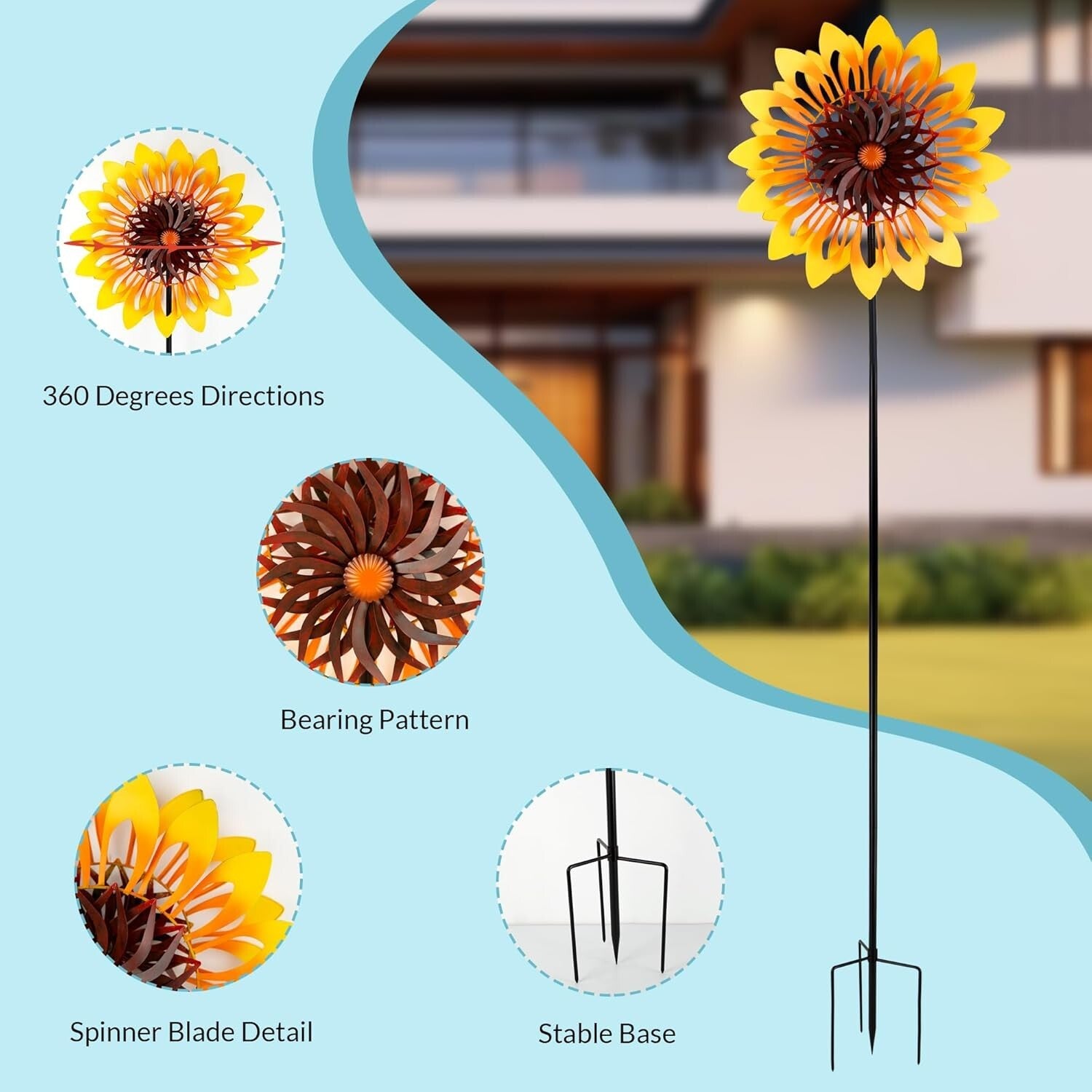 Large 76" Metal Sunflower Pinwheel with Double-Sided Fans for Outdoor Spaces