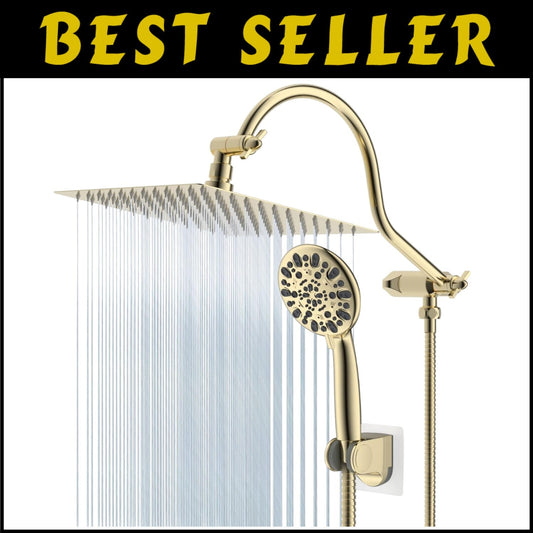 10" High Pressure Luxury Shower Head Set with Gold Handheld and Extension Arm