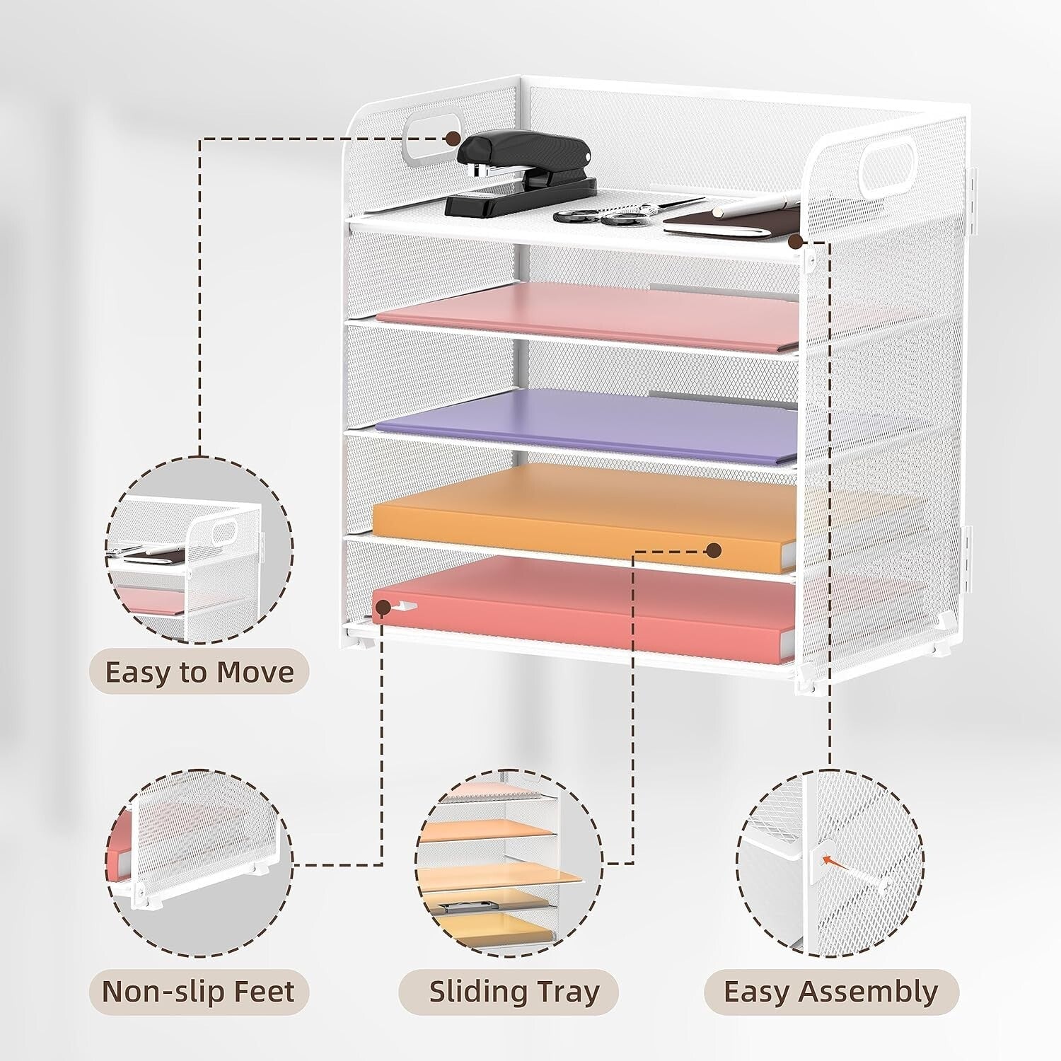 Chic 5-Tier Letter Tray Desk Organizer - Elegant White Metal for School & Office