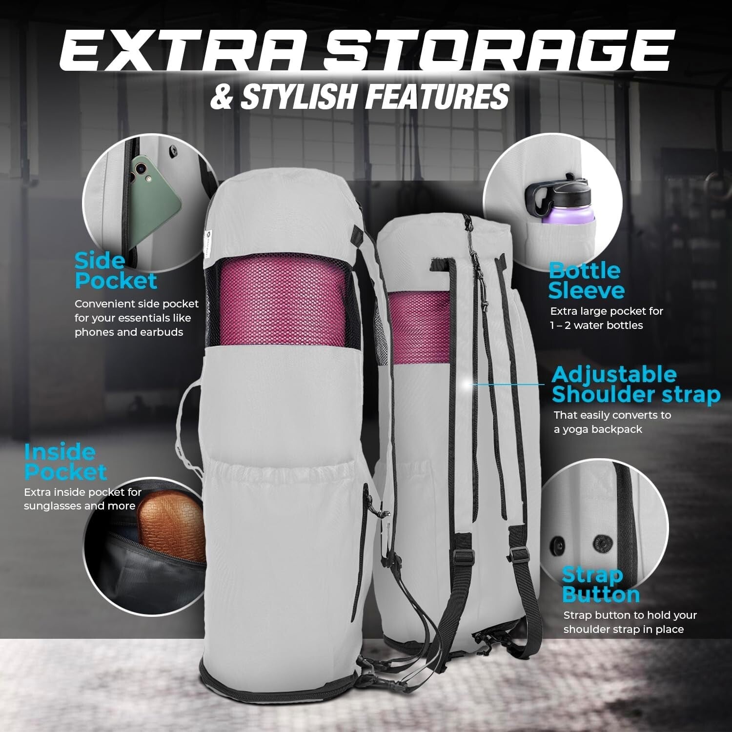 Water-Resistant Yoga Bag - Fits 32" Mats, Adjustable Backpack & Pockets Included