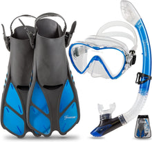 Load image into Gallery viewer, Clear Blue Snorkeling Equipment Set with Easy Dry Snorkel and Split Strap Mask