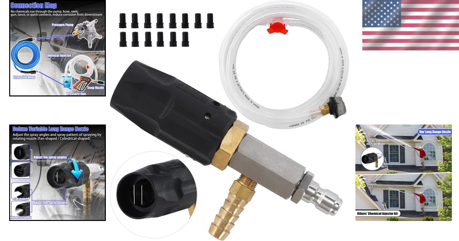 Dual Usage Downstream Injector Kit for High-Pressure Washing with 40ft Range