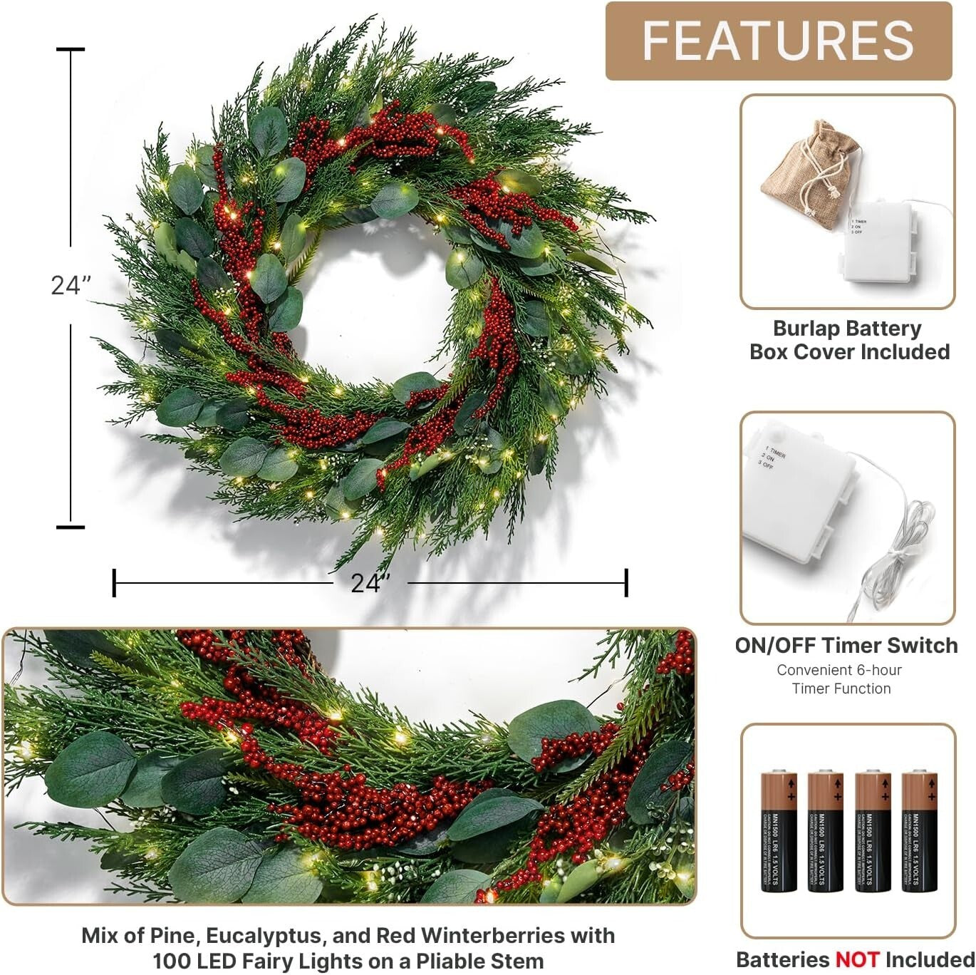 Battery-Powered 24 Inch Winter Wreath with Red Berries & Timer - Farmhouse Style