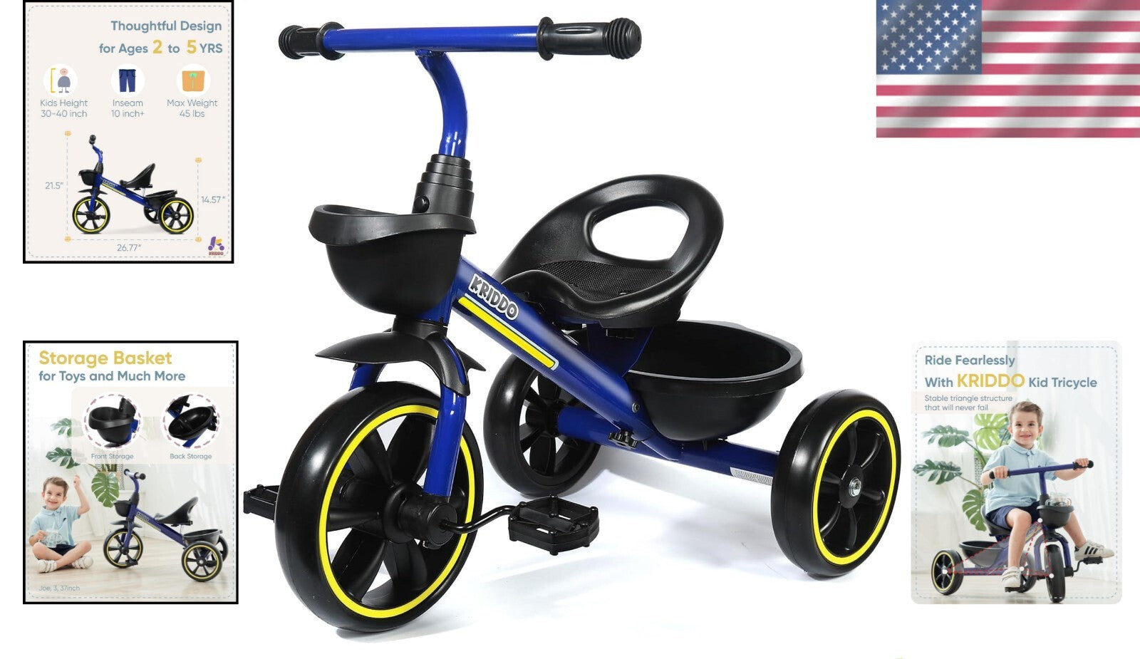 Blue Kids Trike for 2-4 Year Olds - Ergonomic Design & Roll-Over Prevention