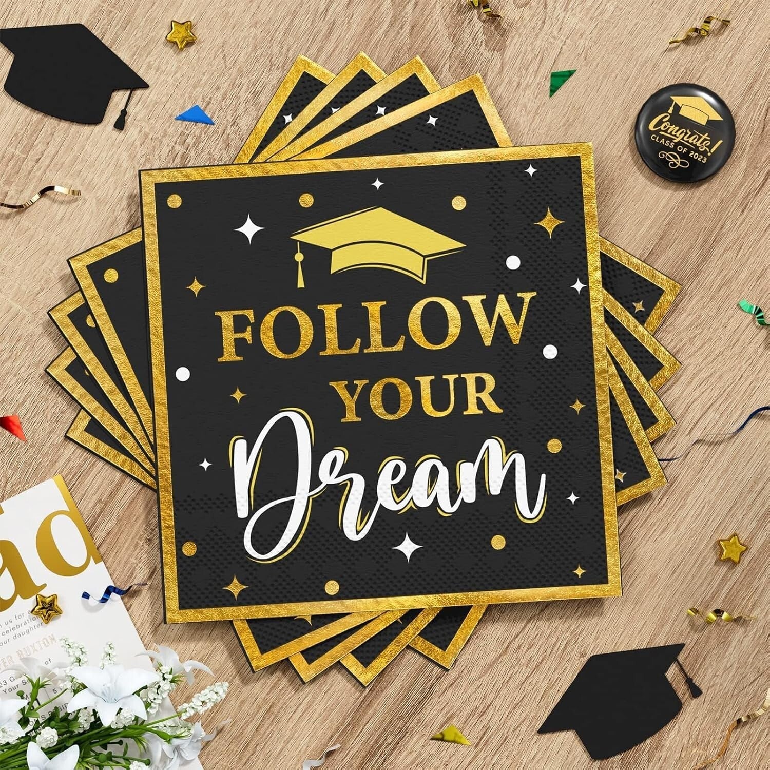 Elegant Black & Gold Graduation Party Dinnerware - 350PCS Serves 50 Perfectly