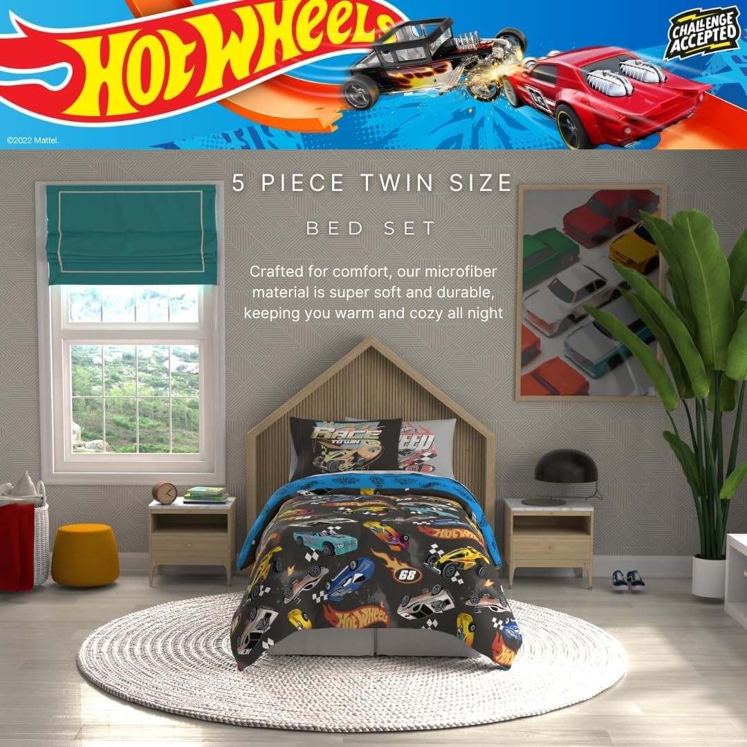 Hot Wheels Kids 5 Piece Twin Comforter & Sheet Set - Super Soft Microfiber