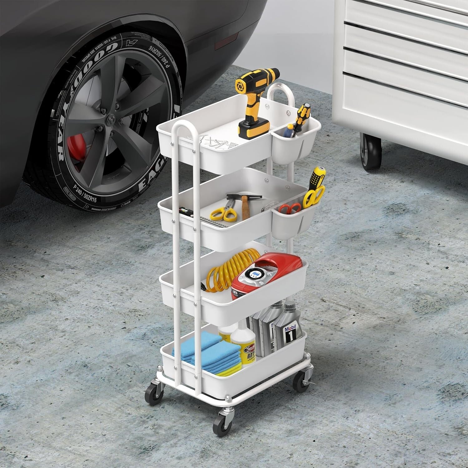 4-Tier Rolling Utility Cart with Hanging Buckets for Stylish Organization