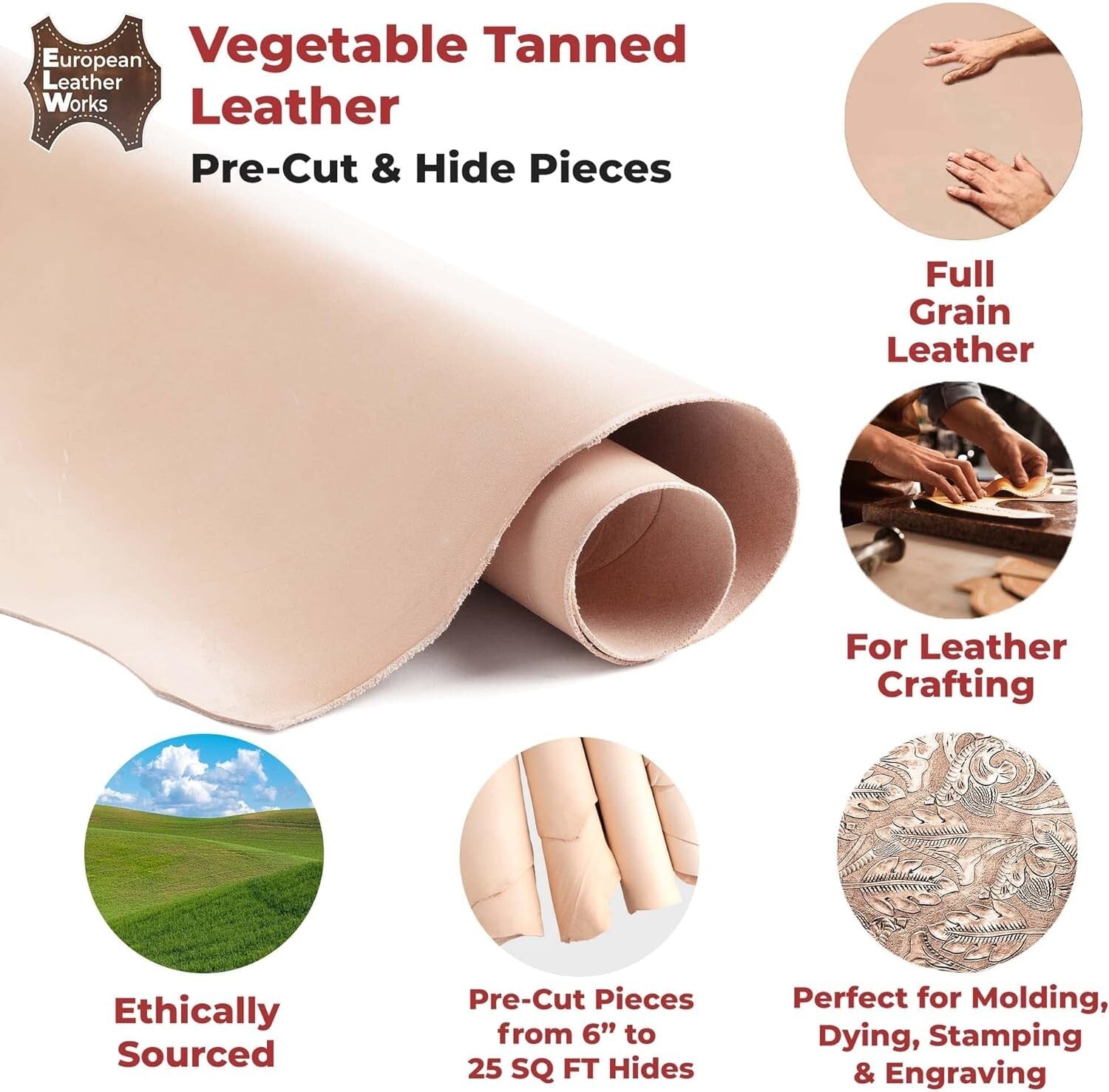 Eco-Friendly 4-6 SQ FT Pre-Cut Cowhide Leather - Perfect for Crafting & Tooling