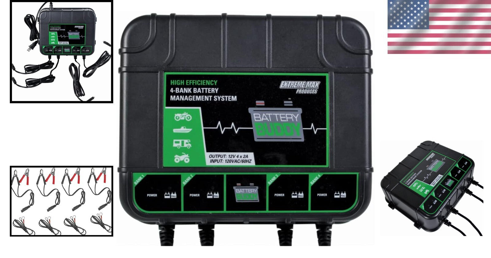 Battery Buddy 4-Bank 12V Charger - Safe Multi-Battery Maintainer with LED Status