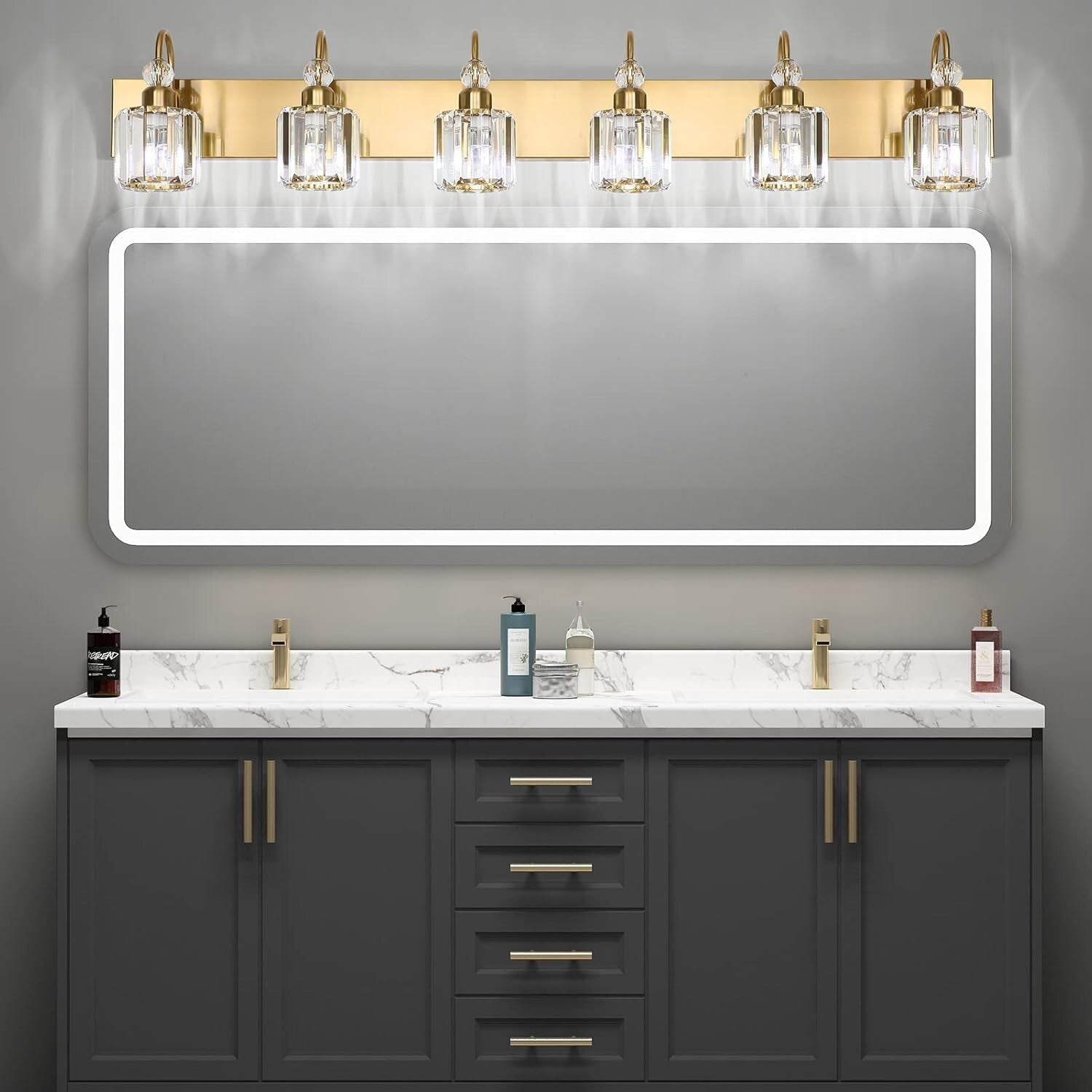 Dimmable 6-Light Bathroom Vanity Fixture with Touch Control - Brass Gold Design