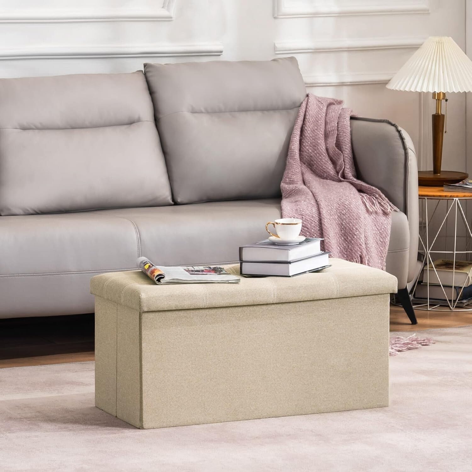 Elegant 30-Inch Linen Ottoman with Storage - Ideal for Living Room or Bedroom