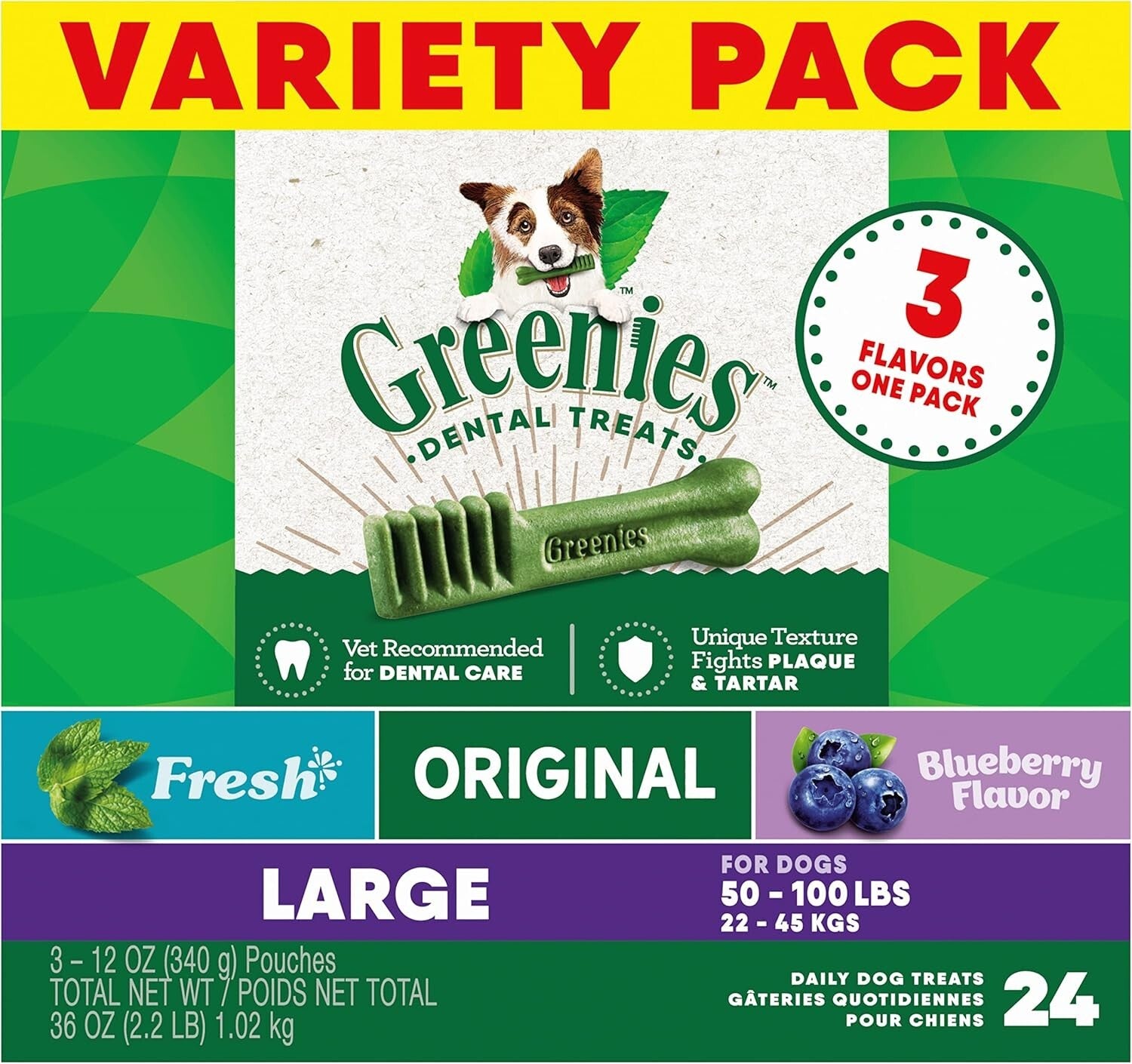 Daily Dental Care Treats for Large Dogs - 3 Packs of Natural Chews, 36 oz.