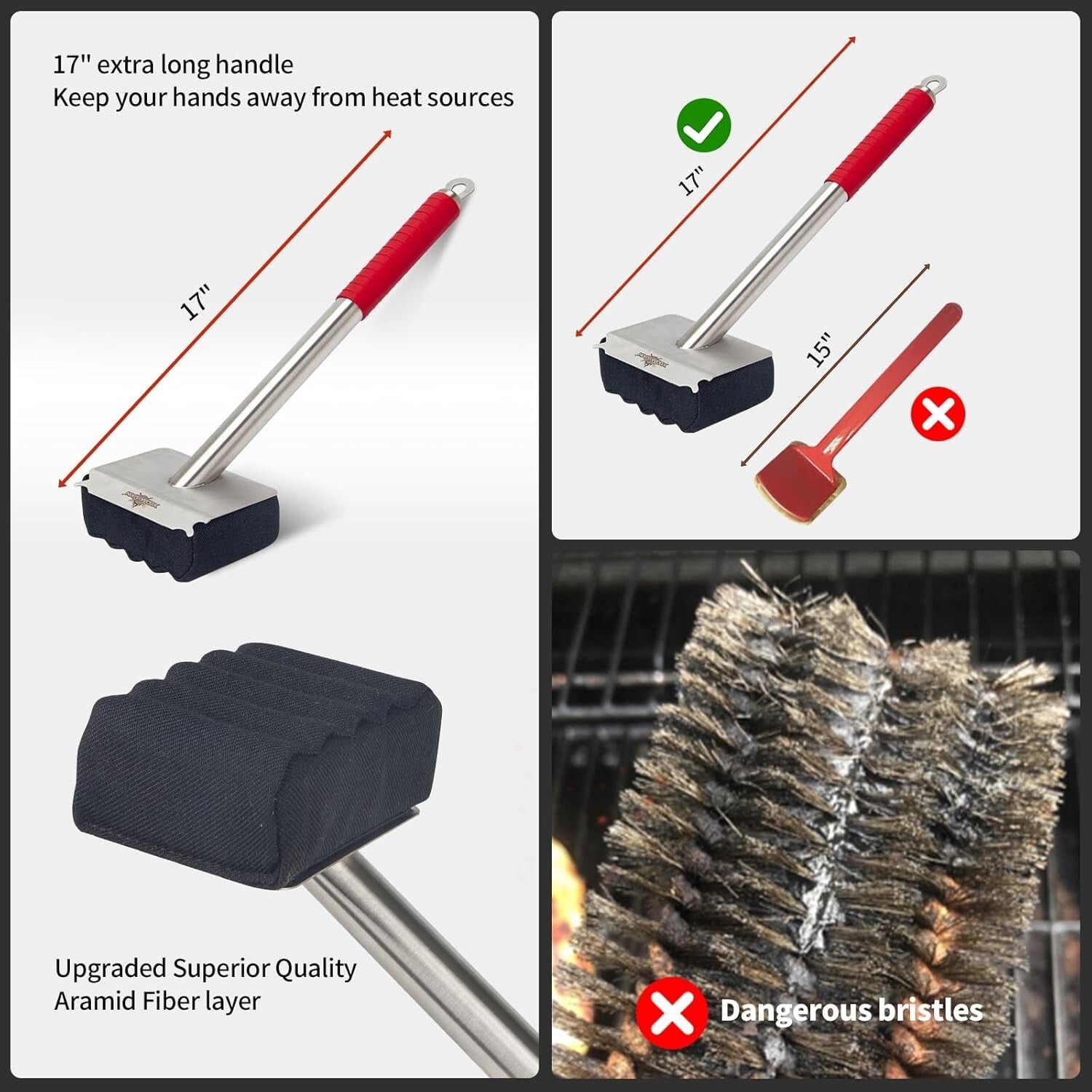 Bristle-Free Grill Brush with Replaceable Head - Safe for All Grills & Griddles