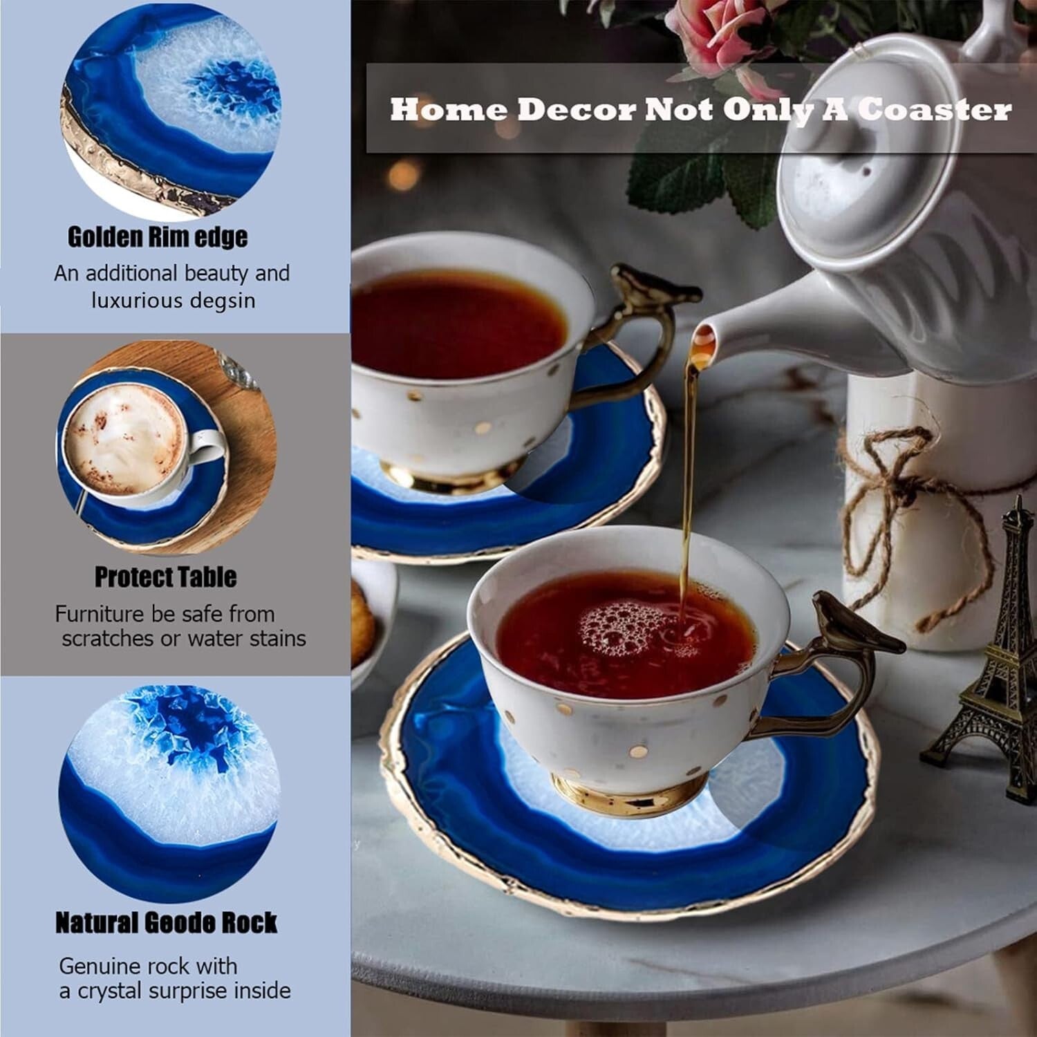 Natural Blue Agate Drink Coasters Set of 4 with Gold Rim - Perfect Gift Choice