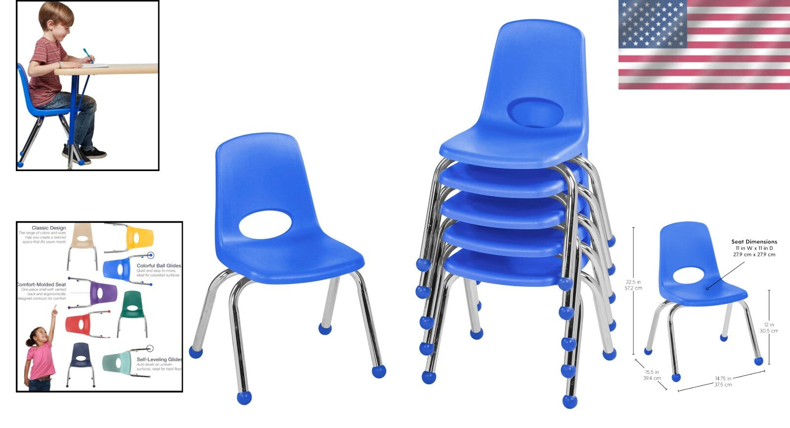 Durable 12" School Stack Chair Set - 6 Blue Seats with Smooth Ball Glides