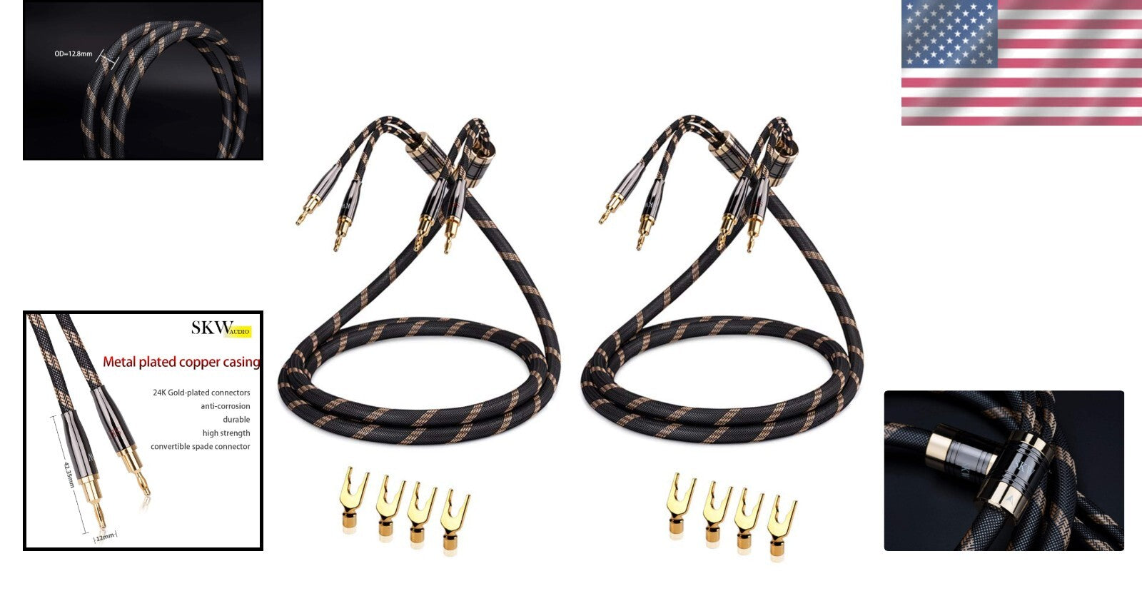 High-Purity Copper Speaker Cable 4.9ft with Gold-Plated Banana & Spade Plugs