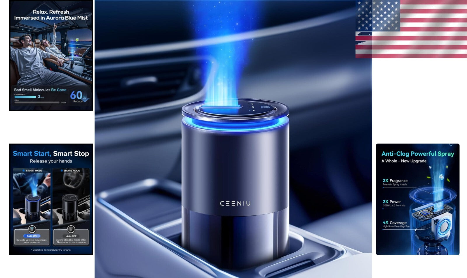 Luxury Battery-Powered Car Air Freshener with Adjustable Modes & Fountain Mist