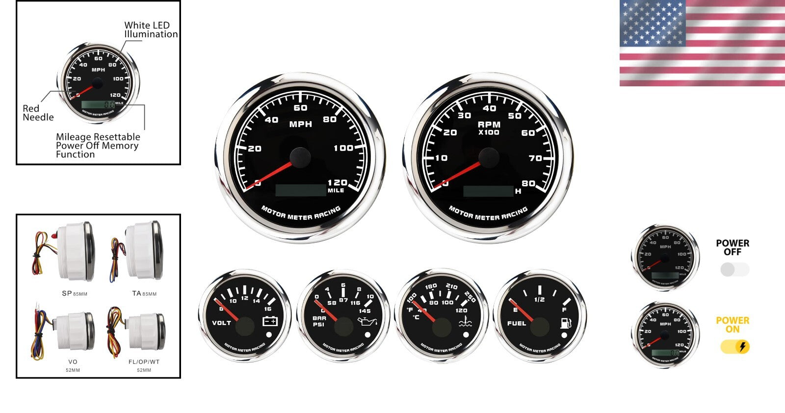 Universal 6 Gauge Monitoring - Speedometer, Tachometer & Sensors for Car & Truck
