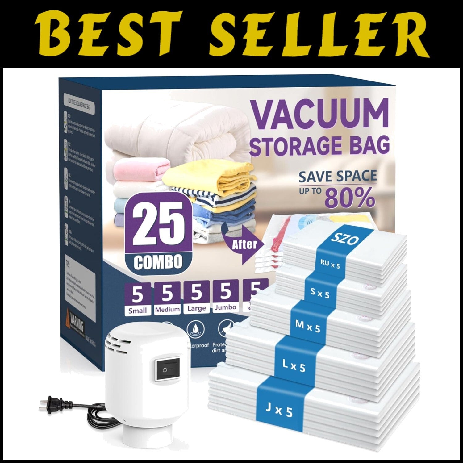 Heavy-Duty Vacuum Seal Bags Set (25), 5 Sizes + Electric Air Pump Included