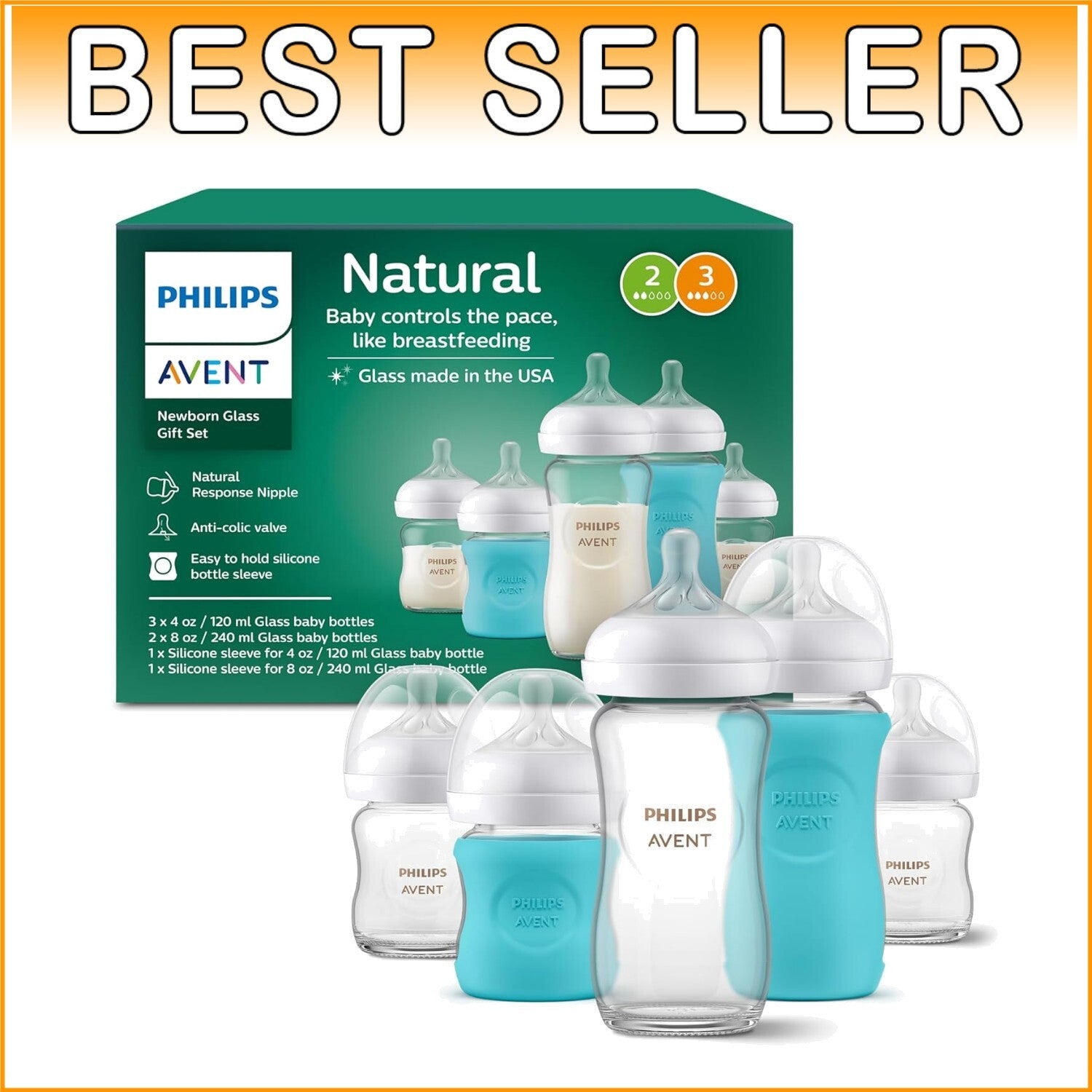 Philips Natural Newborn Glass Baby Bottle Set - Gift Ready for New Parents