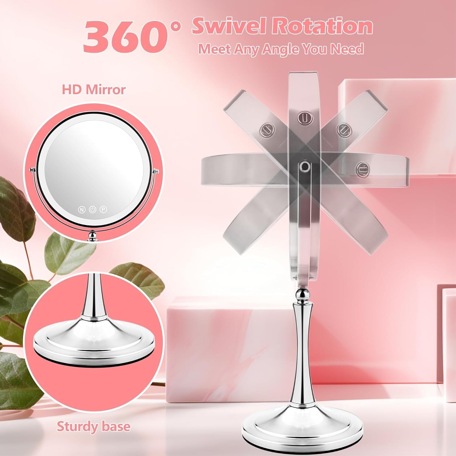 10" LED Lighted Makeup Mirror with 1X/10X Dual Magnification - Silver Elegance