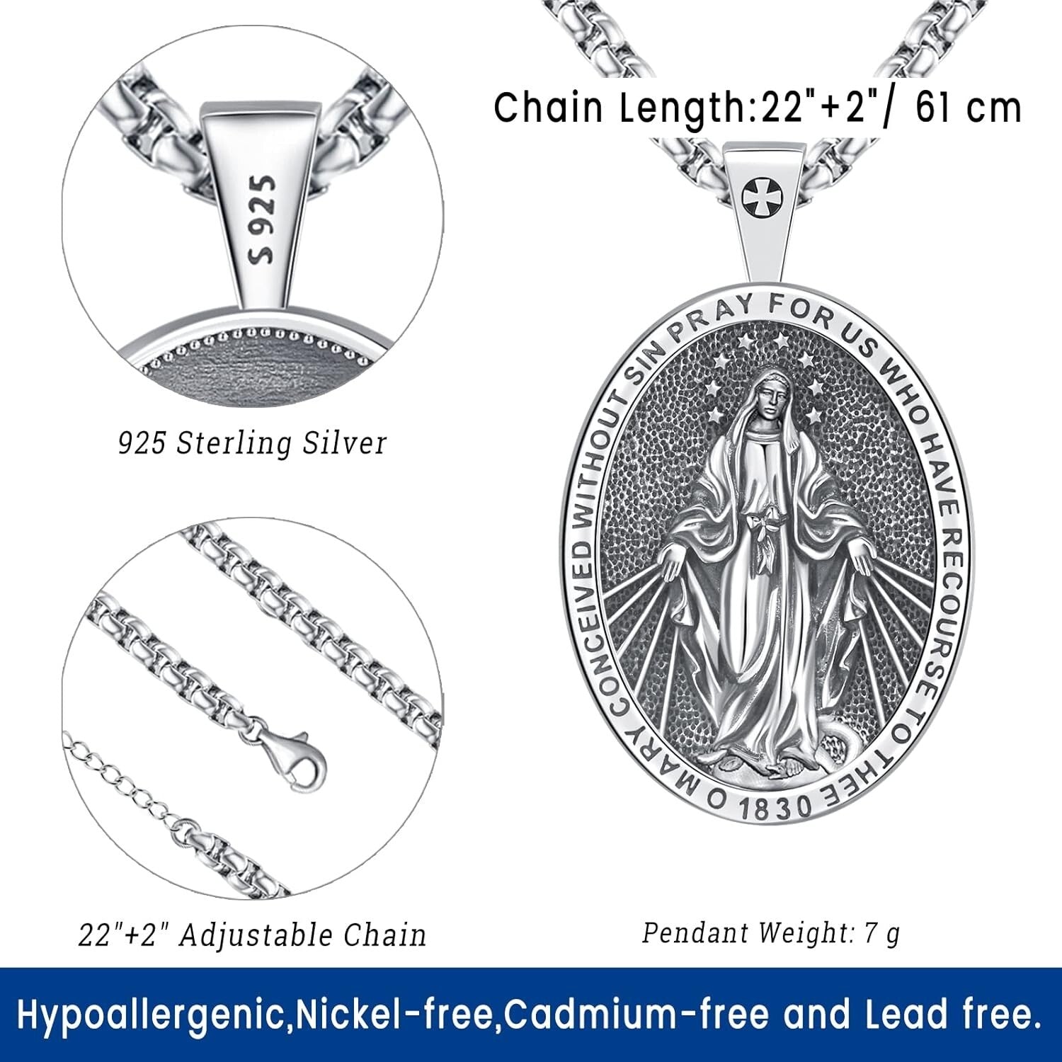 Two-Sided Miraculous Medal Pendant - Elegant Sterling Silver for Men & Women